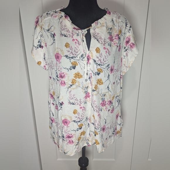 Buffalo David Bitton Size L Women's White Floral Cap Sleeve Blouse Top Bohemian - Picture 1 of 9